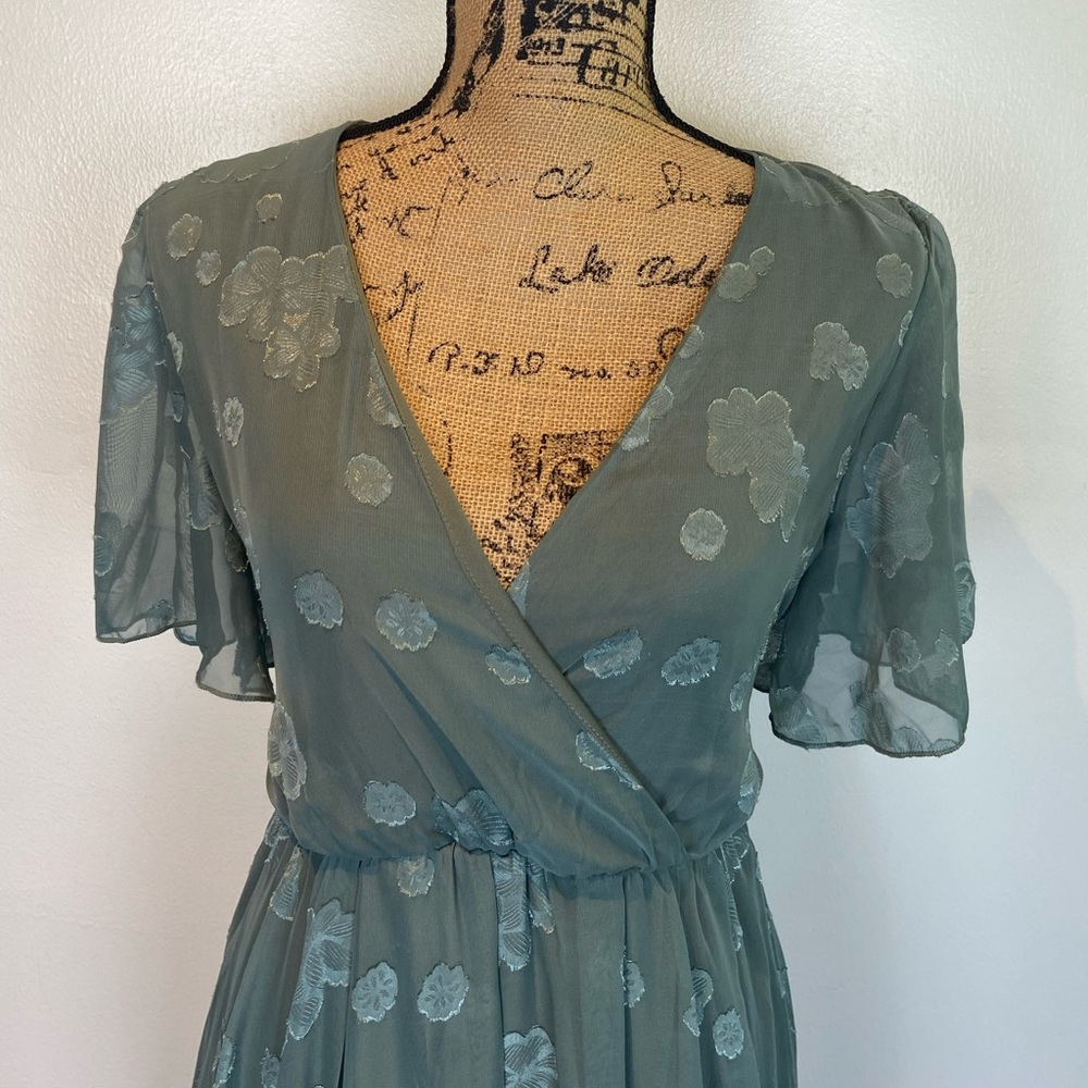 Baltic Born Floral Maxi Dress Chiffon Size Large V-Neck Coastal Sage Green - Picture 3 of 13